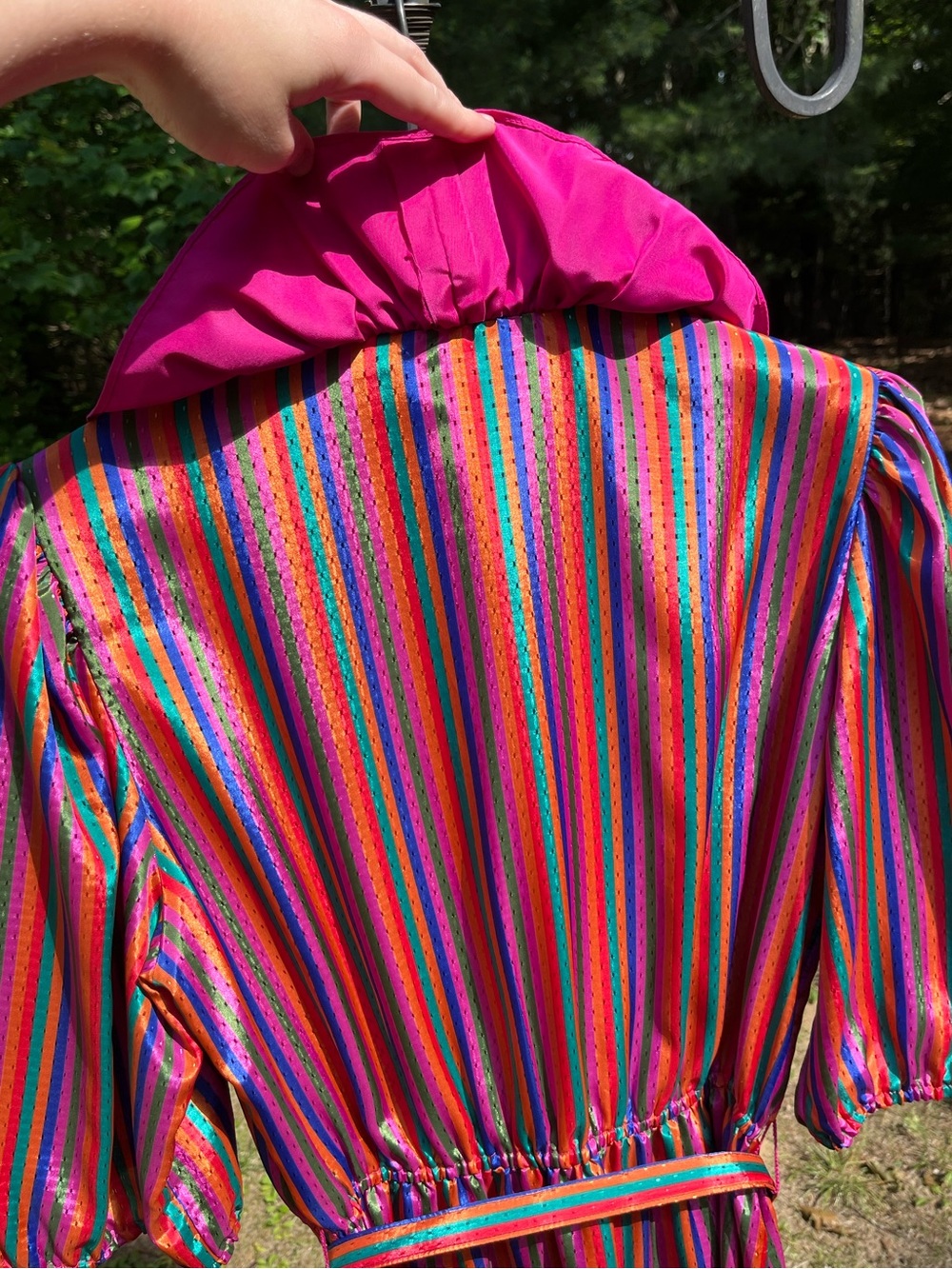 70s Sears Colorful Striped Circus Clown Ruffle Collar Midi Dress Size 14 Retro - Picture 12 of 16